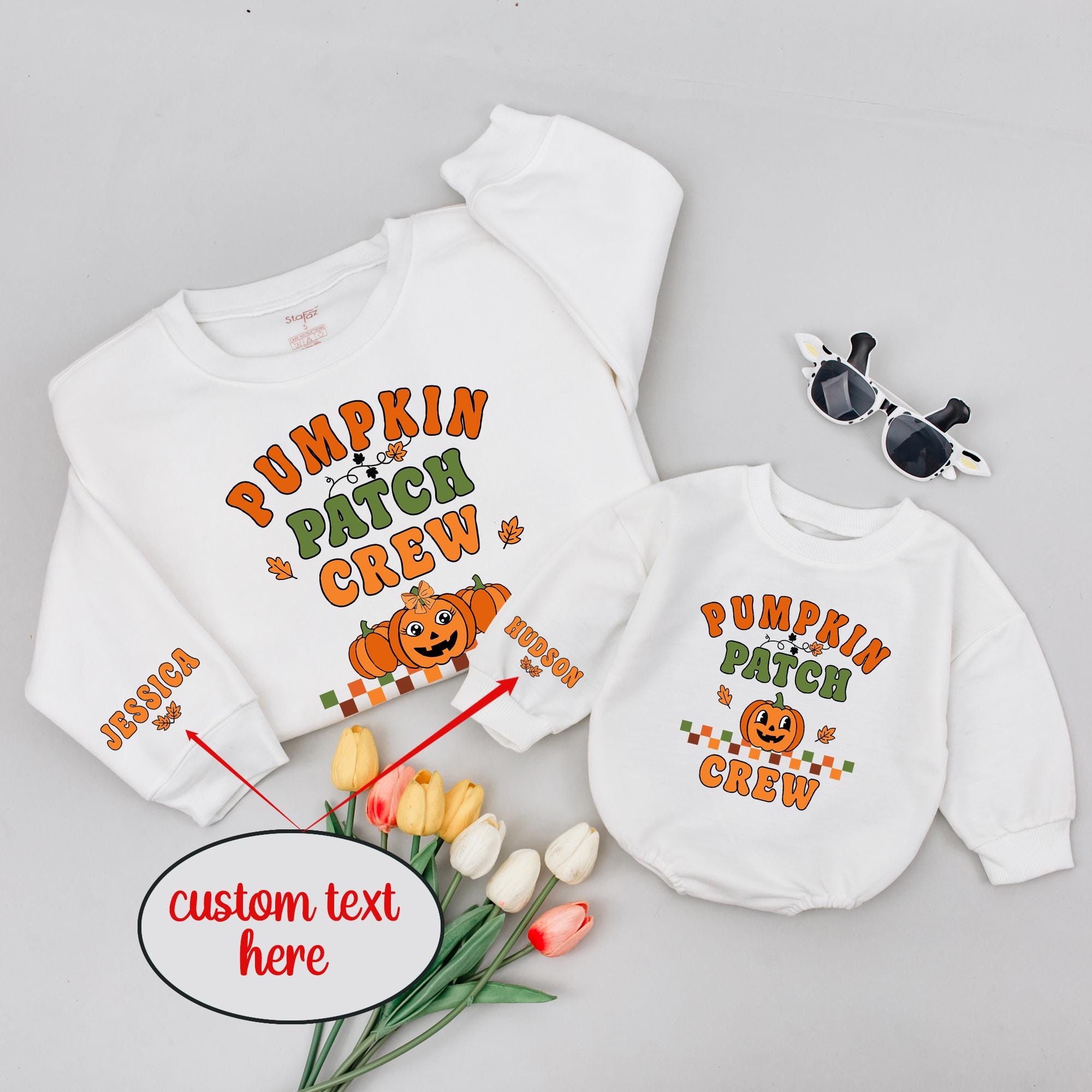 Custom Pumpkin Patch Crew Matching Family Sweatshirt and Baby Romper Set, Personalized Fall Outfit for Mom, Dad, and Baby, Soft Cotton
