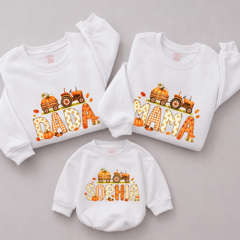 Custom Pumpkin Tractor Matching Family Sweatshirts for Fall, Personalized Thanksgiving Outfits for Baby, Kids, Mom, Dad, Soft Cotton Crewneck