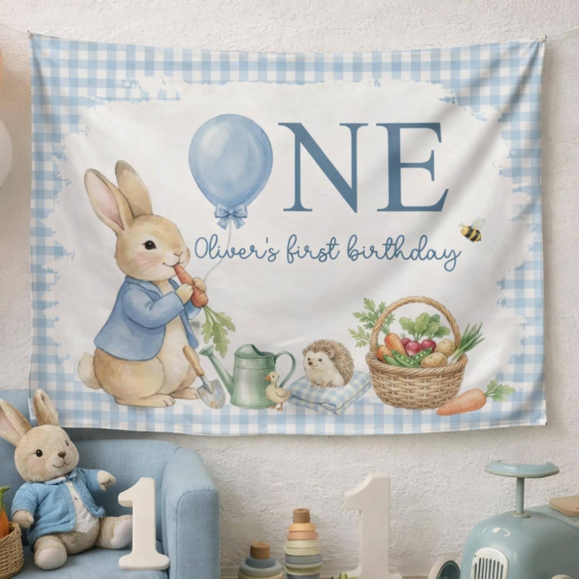 Custom Rabbit First Birthday Backdrop for Boy with Blue Jacket, One Year Old Cake Smash Photo Prop Banner, Watercolor Party Decoration