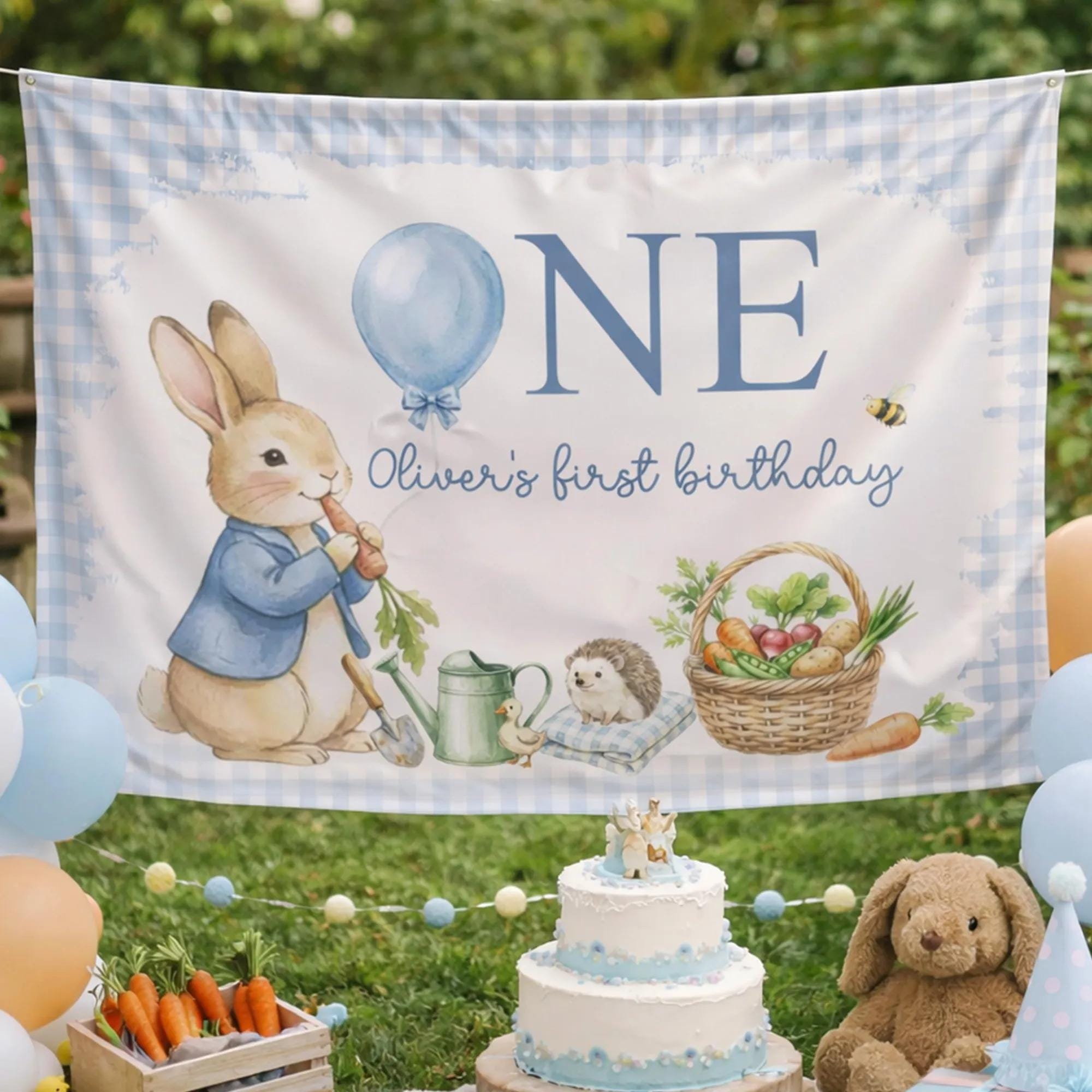 Custom Rabbit First Birthday Backdrop for Boy with Blue Jacket, One Year Old Cake Smash Photo Prop Banner, Watercolor Party Decoration
