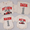 Custom Race Car Pit Crew Family Matching Outfits for 1st Birthday, Soft Cotton Romper, Kids' Tee & Adult T-Shirt, Perfect for Celebrations
