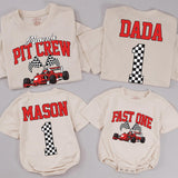 Custom Race Car Pit Crew Family Matching Outfits for 1st Birthday, Soft Cotton Romper, Kids' Tee & Adult T-Shirt, Perfect for Celebrations