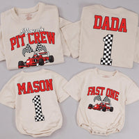 Custom Race Car Pit Crew Family Matching Outfits for 1st Birthday, Soft Cotton Romper, Kids' Tee & Adult T-Shirt, Perfect for Celebrations