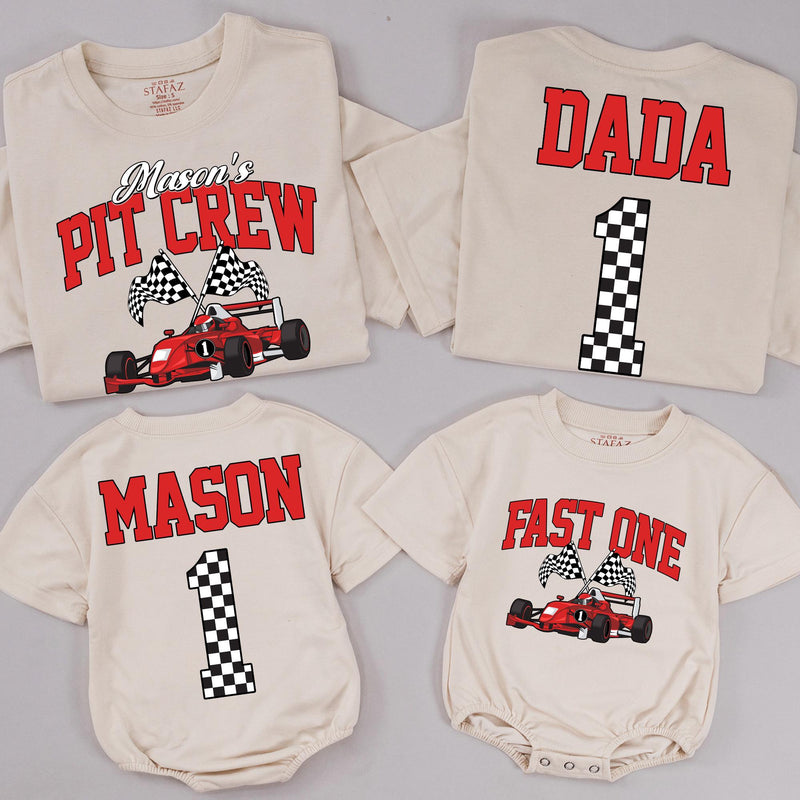 Custom Race Car Pit Crew Family Matching Outfits for 1st Birthday, Soft Cotton Romper, Kids' Tee & Adult T-Shirt, Perfect for Celebrations