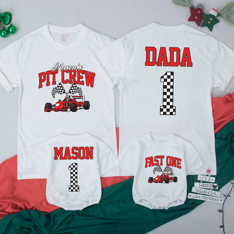 Custom Race Car Pit Crew Family Matching Outfits for 1st Birthday, Soft Cotton Romper, Kids' Tee & Adult T-Shirt, Perfect for Celebrations