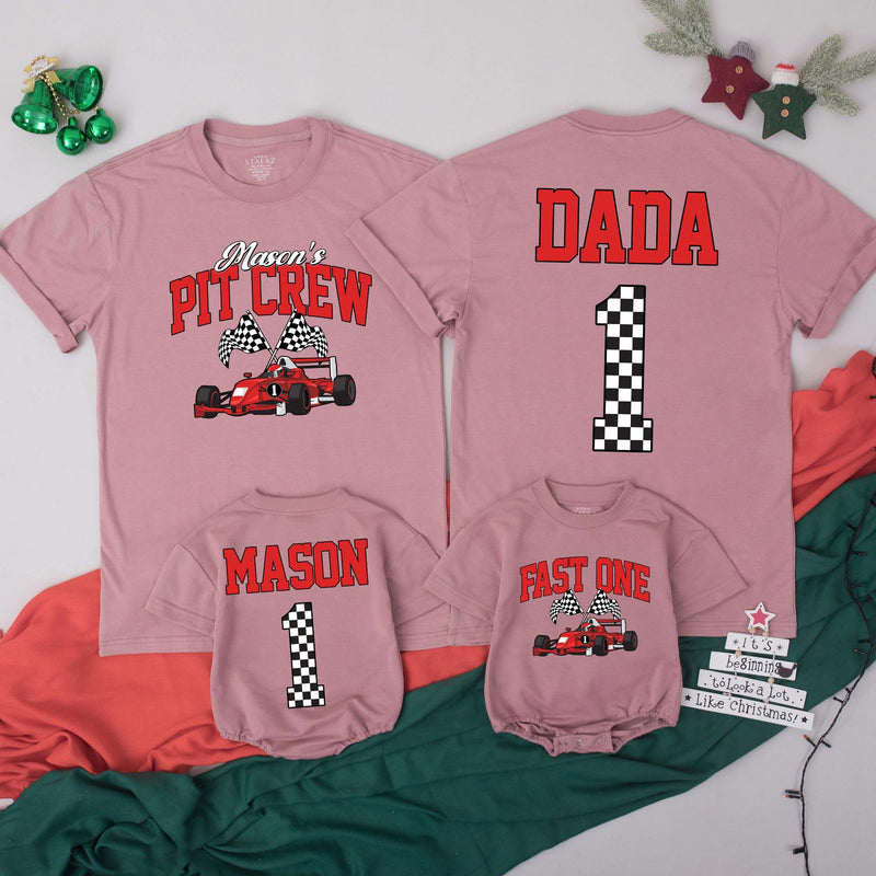 Custom Race Car Pit Crew Family Matching Outfits for 1st Birthday, Soft Cotton Romper, Kids' Tee & Adult T-Shirt, Perfect for Celebrations