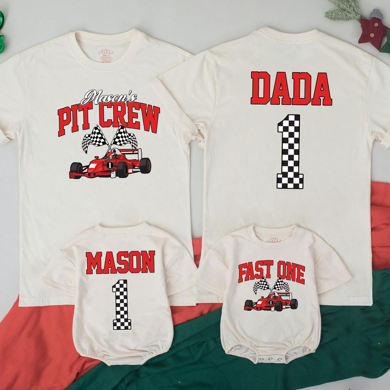 Custom Race Car Pit Crew Family Matching Outfits for 1st Birthday, Soft Cotton Romper, Kids' Tee & Adult T-Shirt, Perfect for Celebrations