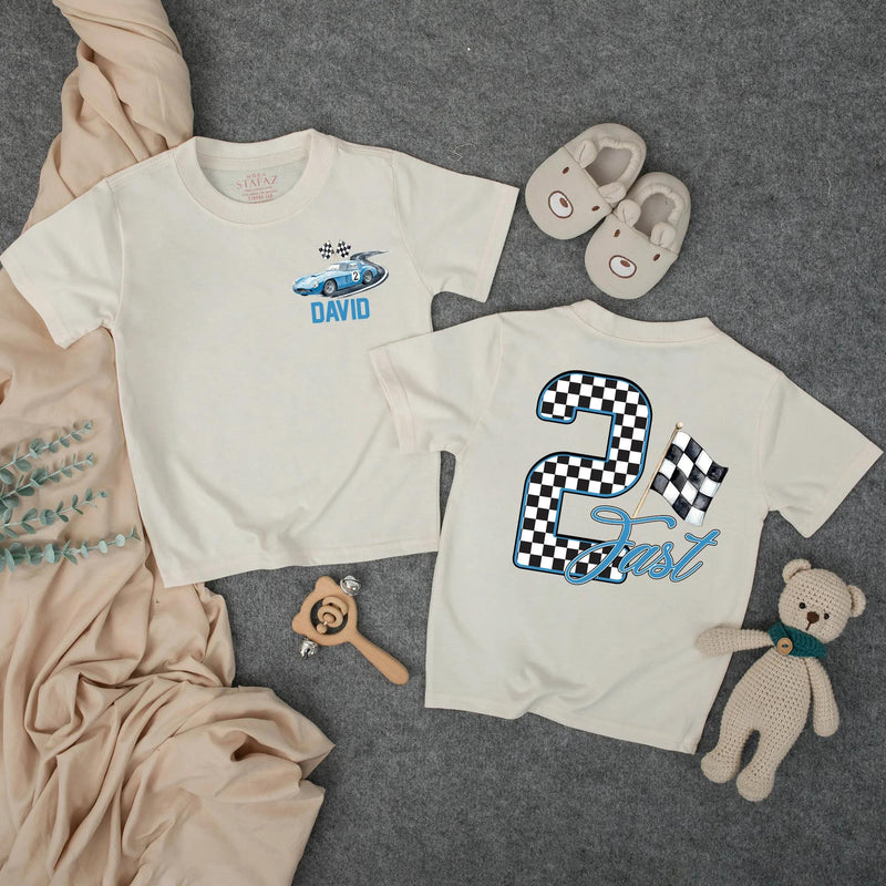 Custom Race Car Toddler Birthday Shirt with Checkered Flag Artwork, Matching Family Outfit for 2nd Birthday Boy, Soft Cotton Tee
