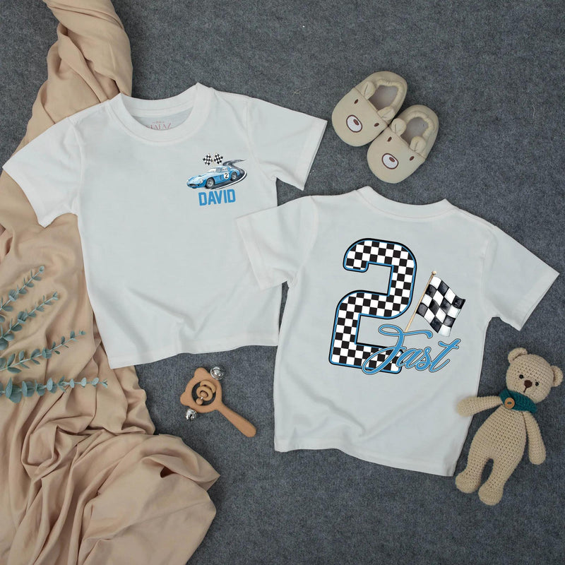 Custom Race Car Toddler Birthday Shirt with Checkered Flag Artwork, Matching Family Outfit for 2nd Birthday Boy, Soft Cotton Tee