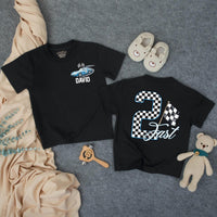 Custom Race Car Toddler Birthday Shirt with Checkered Flag Artwork, Matching Family Outfit for 2nd Birthday Boy, Soft Cotton Tee