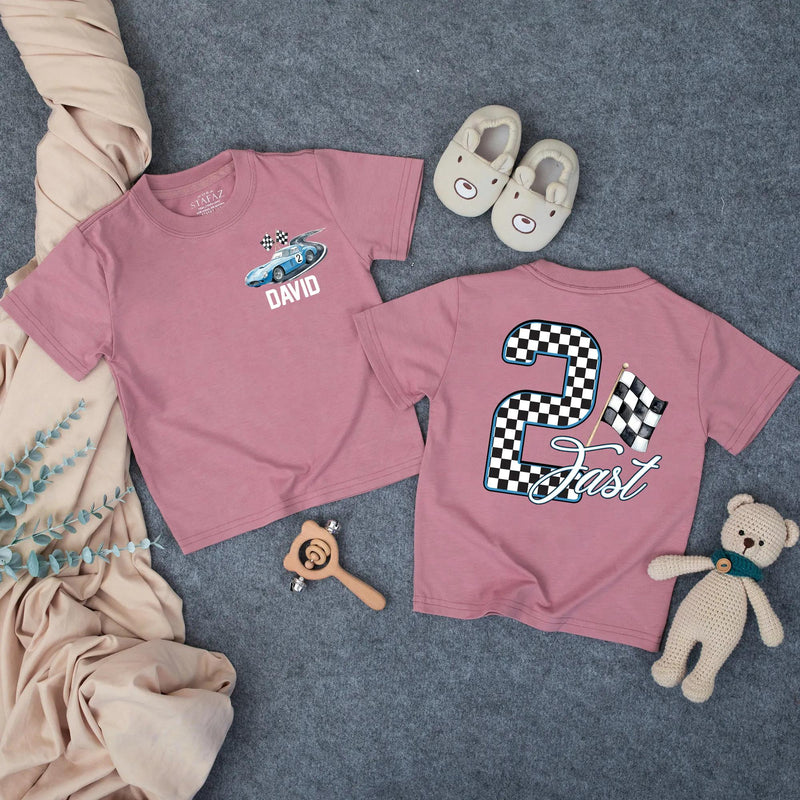 Custom Race Car Toddler Birthday Shirt with Checkered Flag Artwork, Matching Family Outfit for 2nd Birthday Boy, Soft Cotton Tee