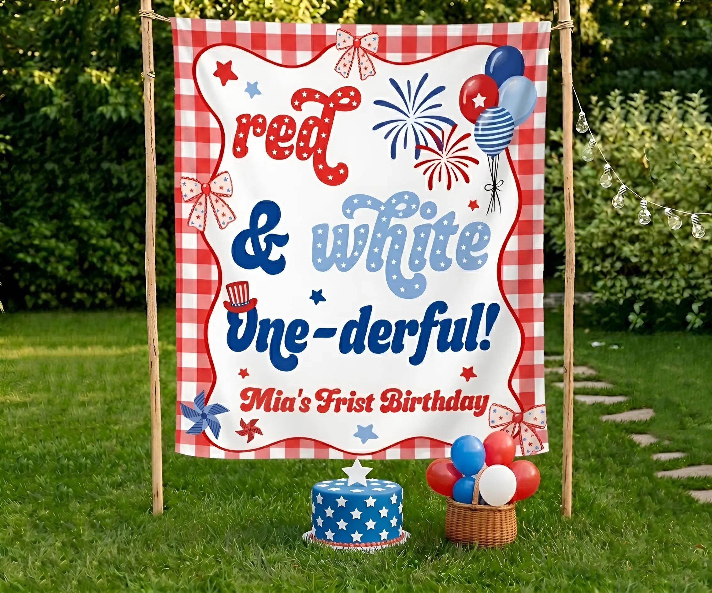 Custom Red and White Gingham 1st Birthday Silk Banner, Patriotic First Birthday Party Backdrop for Baby Girl, 4th of July Decorations