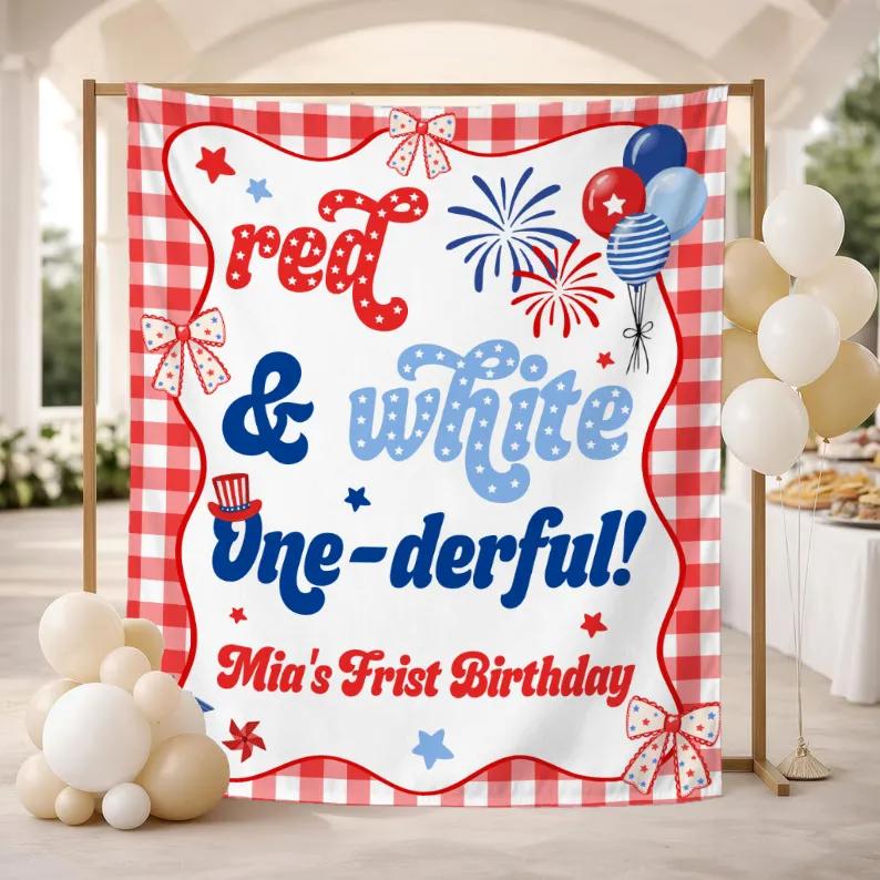 Custom Red and White Gingham 1st Birthday Silk Banner, Patriotic First Birthday Party Backdrop for Baby Girl, 4th of July Decorations