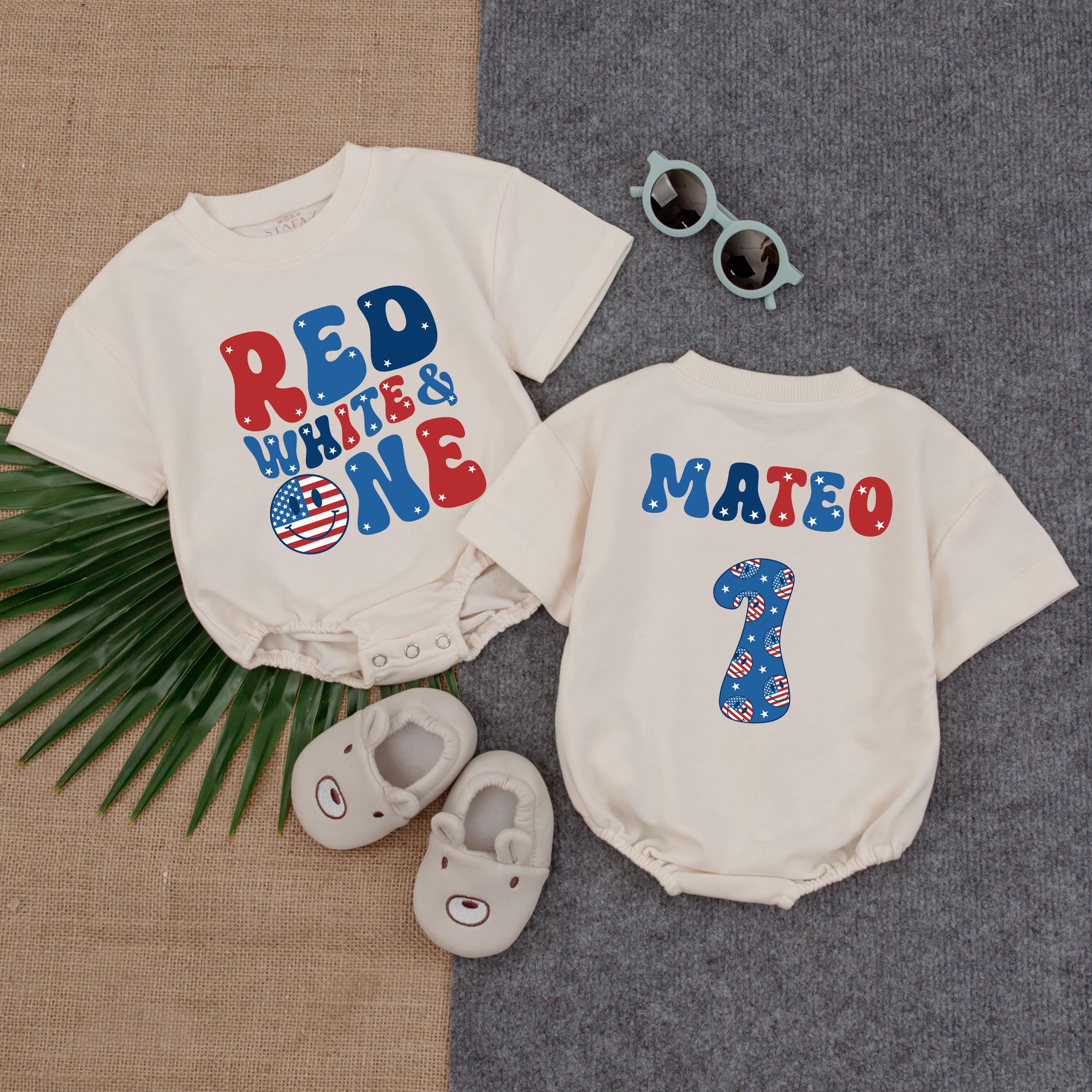 Custom Red White & One Toddler Romper with Mateo Name 4th of July Baby Boy Outfit Patriotic Independence Day Gift USA Theme Fun Design