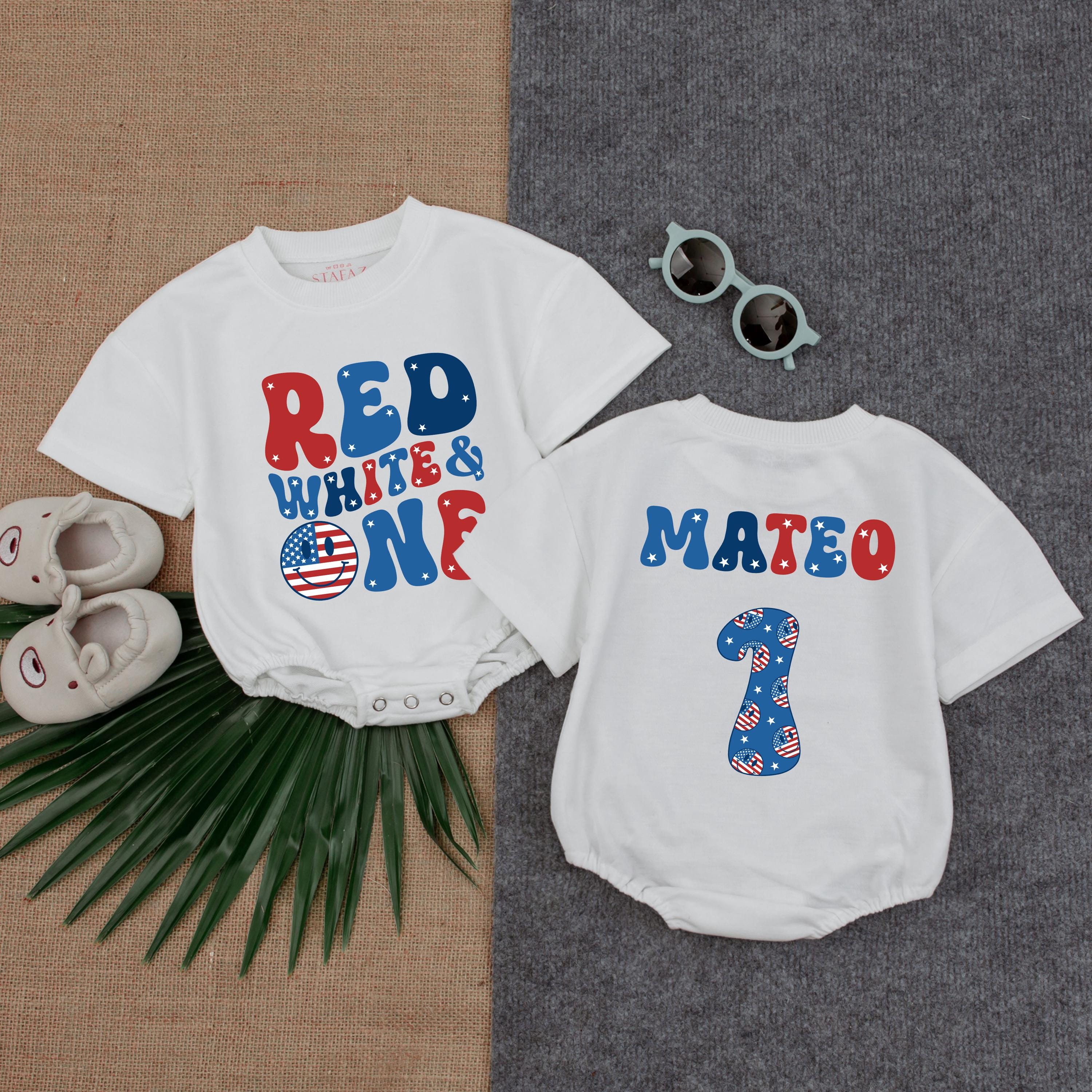 Custom Red White & One Toddler Romper with Mateo Name 4th of July Baby Boy Outfit Patriotic Independence Day Gift USA Theme Fun Design
