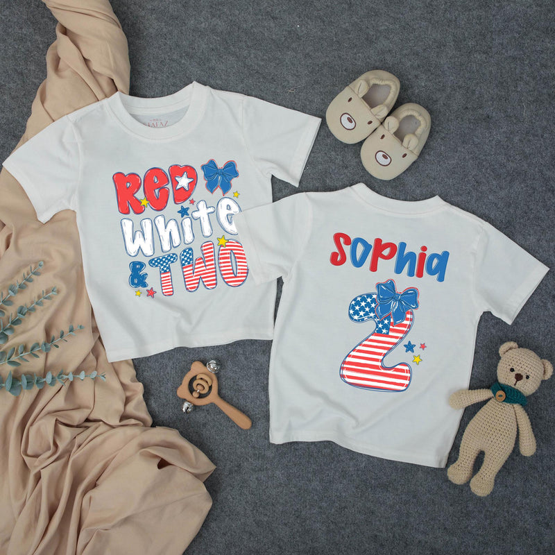 Custom Red White and Two Birthday Girl Shirt with Name, Toddler Patriotic 4th of July Outfit, Matching Family Tee, Soft Cotton Design