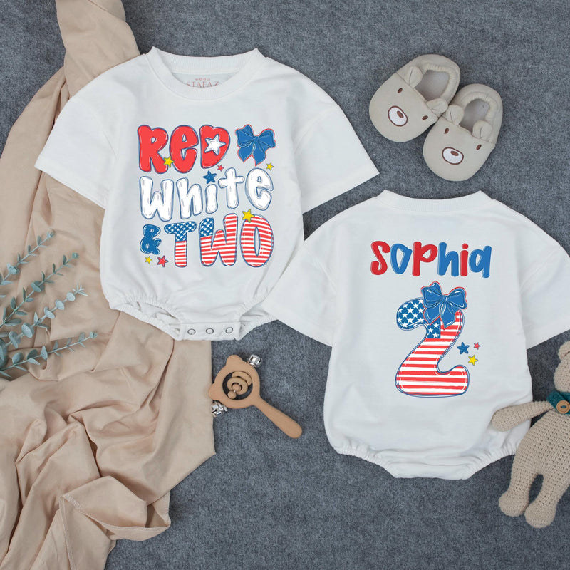 Custom Red White and Two Birthday Girl Shirt with Name, Toddler Patriotic 4th of July Outfit, Matching Family Tee, Soft Cotton Design