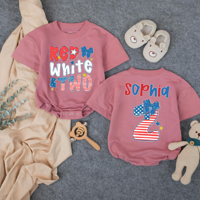 Custom Red White and Two Birthday Girl Shirt with Name, Toddler Patriotic 4th of July Outfit, Matching Family Tee, Soft Cotton Design