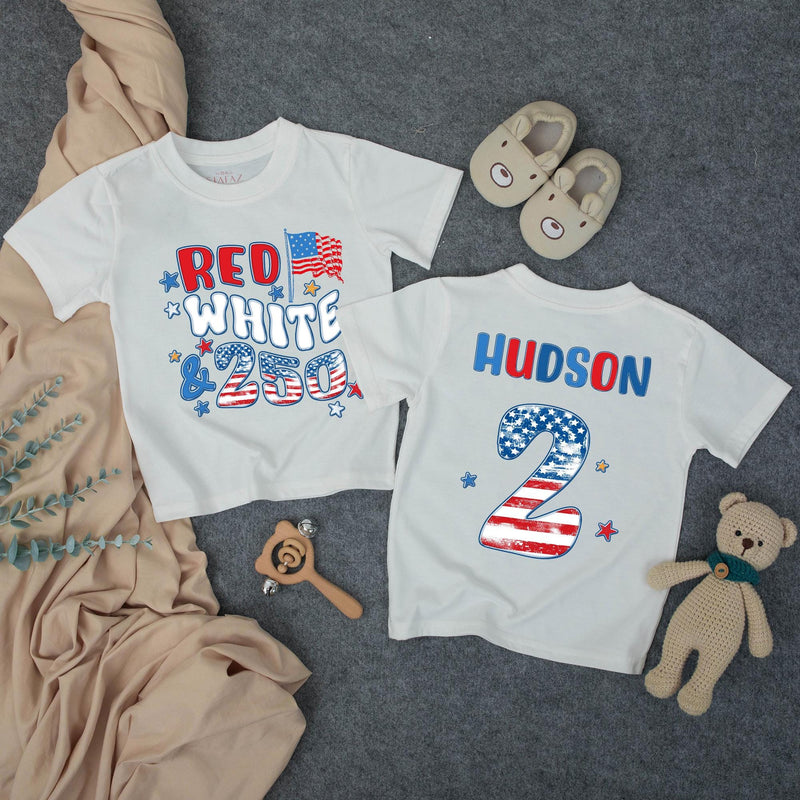 Custom Red White & Two Birthday Shirt for Kids, Matching Family Patriotic Tee with Name & Age, Soft Cotton 4th of July Toddler Outfit