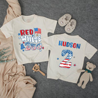 Custom Red White & Two Birthday Shirt for Kids, Matching Family Patriotic Tee with Name & Age, Soft Cotton 4th of July Toddler Outfit