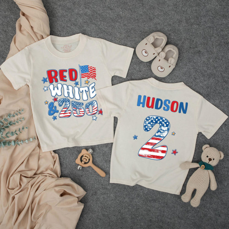 Custom Red White & Two Birthday Shirt for Kids, Matching Family Patriotic Tee with Name & Age, Soft Cotton 4th of July Toddler Outfit