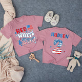 Custom Red White & Two Birthday Shirt for Kids, Matching Family Patriotic Tee with Name & Age, Soft Cotton 4th of July Toddler Outfit