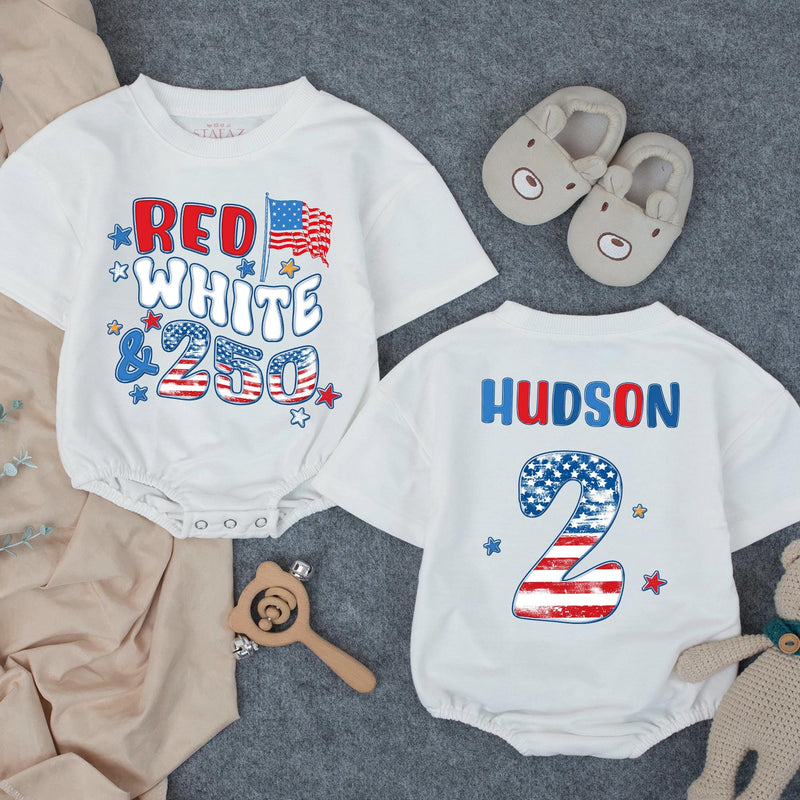 Custom Red White & Two Birthday Shirt for Kids, Matching Family Patriotic Tee with Name & Age, Soft Cotton 4th of July Toddler Outfit