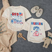 Custom Red White & Two Birthday Shirt for Kids, Matching Family Patriotic Tee with Name & Age, Soft Cotton 4th of July Toddler Outfit