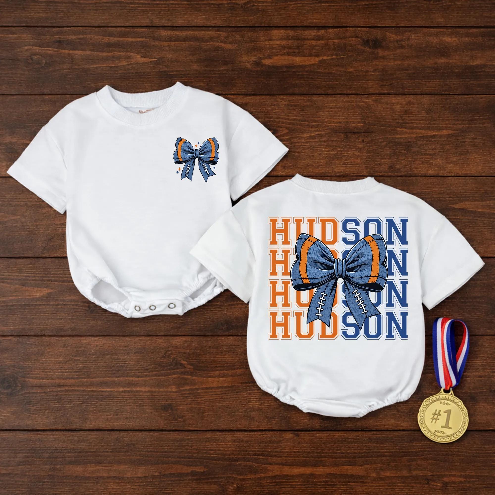 Custom Retro Blue Bow Bubble Romper for Baby Girls, College Game Day Outfit with Name, Soft Cotton Bodysuit for Sports Fans and Milestone Photos