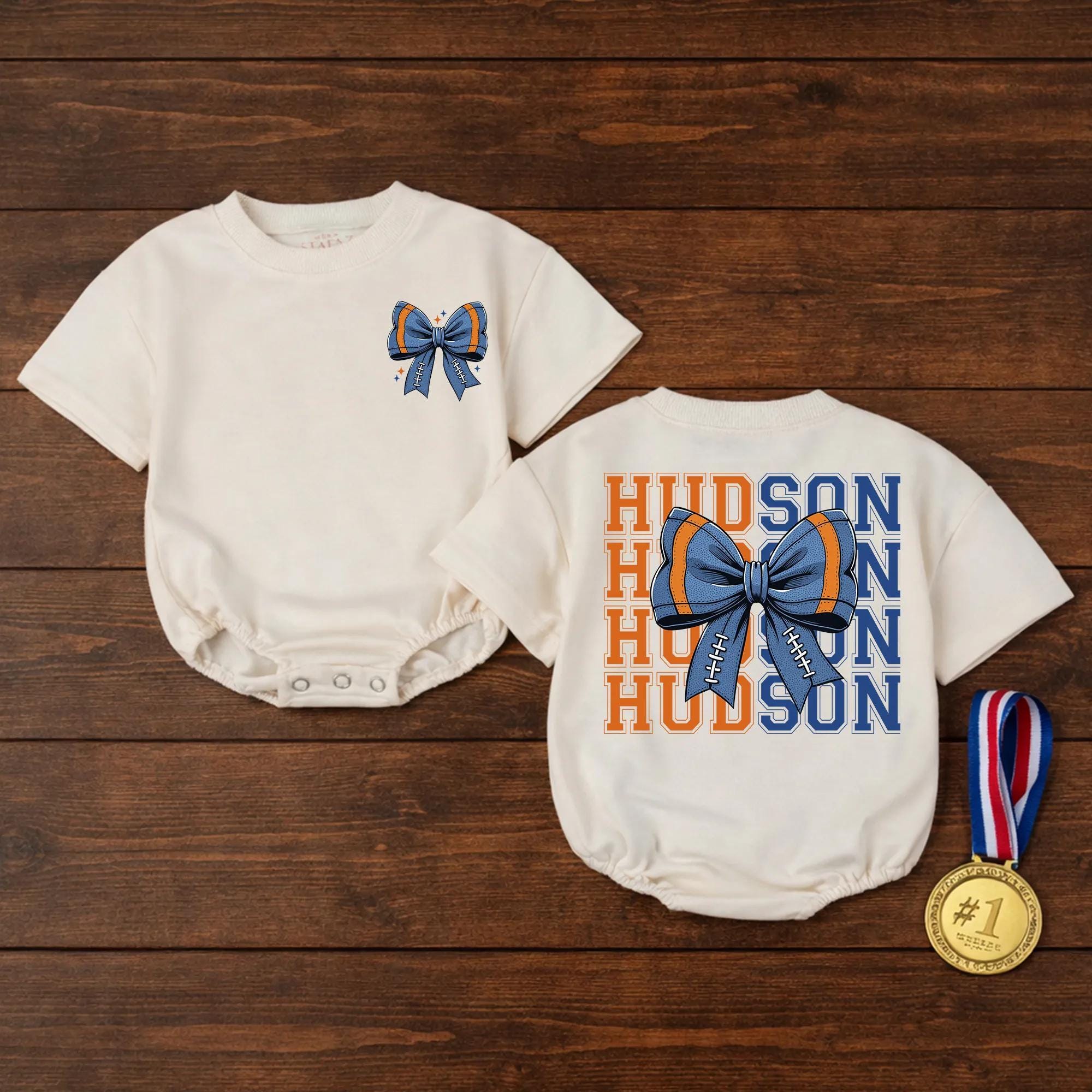 Custom Retro Blue Bow Bubble Romper for Baby Girls, College Game Day Outfit with Name, Soft Cotton Bodysuit for Sports Fans and Milestone Photos