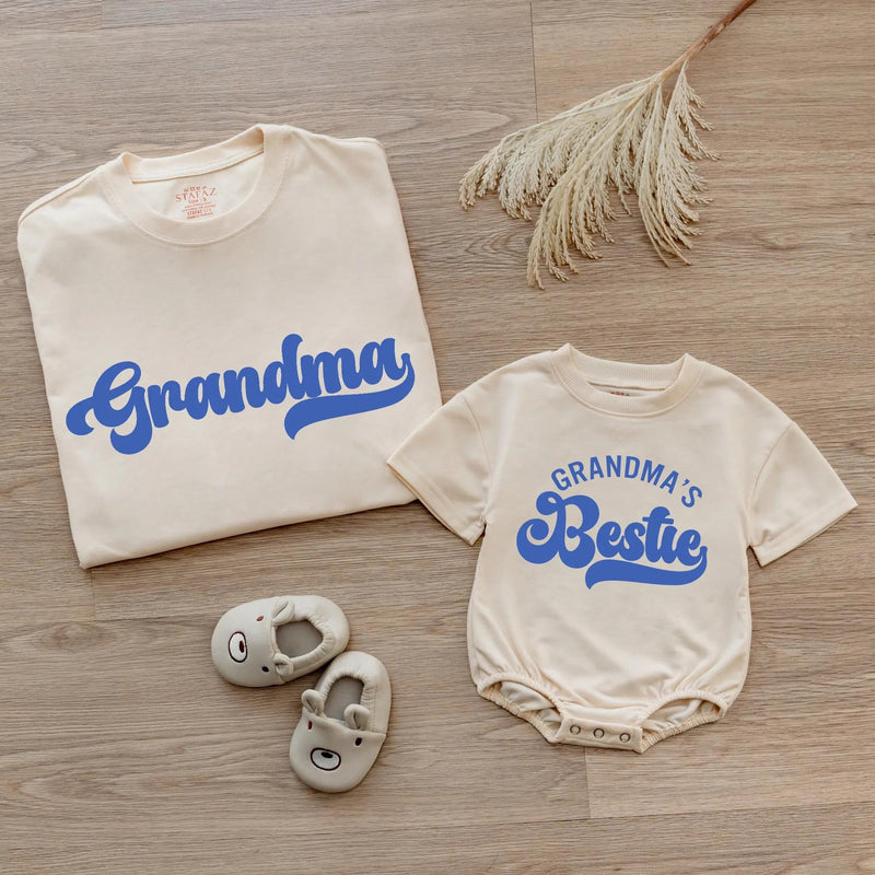 Custom Retro Blue Grandma Shirt & Baby Bodysuit Set, Groovy Matching Outfit for Grandma and Baby, Soft Cotton Tee Perfect for Gifting