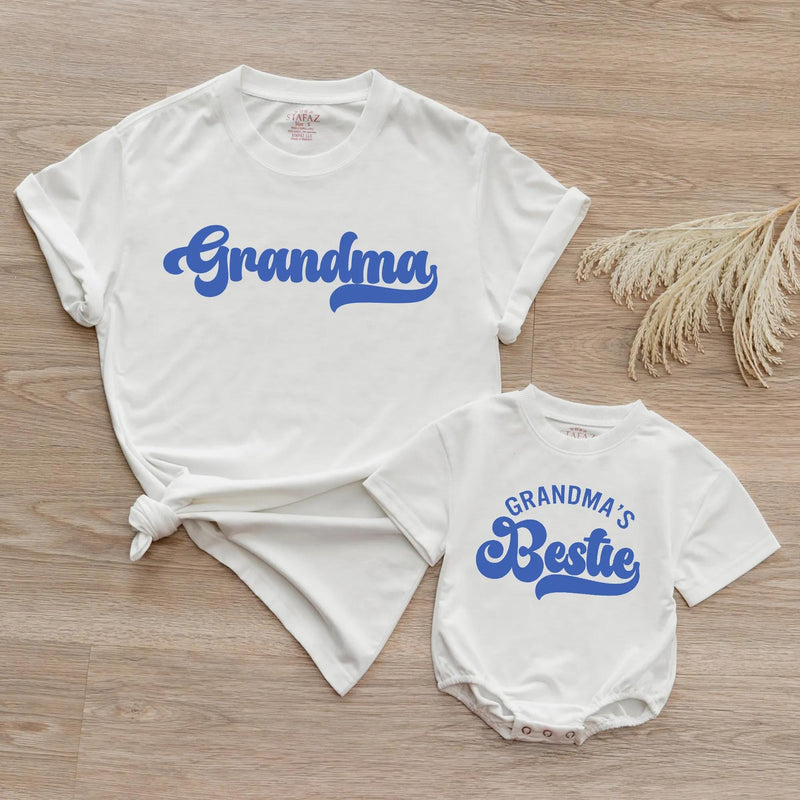Custom Retro Blue Grandma Shirt & Baby Bodysuit Set, Groovy Matching Outfit for Grandma and Baby, Soft Cotton Tee Perfect for Gifting