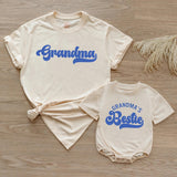 Custom Retro Blue Grandma Shirt & Baby Bodysuit Set, Groovy Matching Outfit for Grandma and Baby, Soft Cotton Tee Perfect for Gifting
