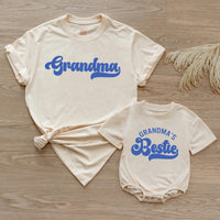 Custom Retro Blue Grandma Shirt & Baby Bodysuit Set, Groovy Matching Outfit for Grandma and Baby, Soft Cotton Tee Perfect for Gifting