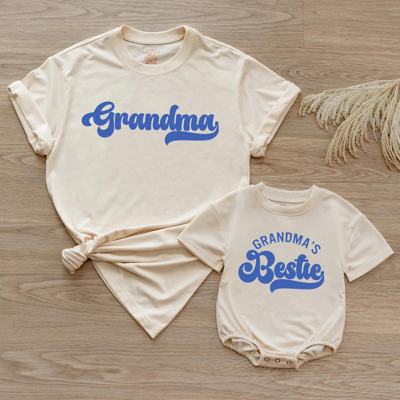 Custom Retro Blue Grandma Shirt & Baby Bodysuit Set, Groovy Matching Outfit for Grandma and Baby, Soft Cotton Tee Perfect for Gifting