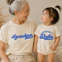 Custom Retro Blue Grandma Shirt & Baby Bodysuit Set, Groovy Matching Outfit for Grandma and Baby, Soft Cotton Tee Perfect for Gifting