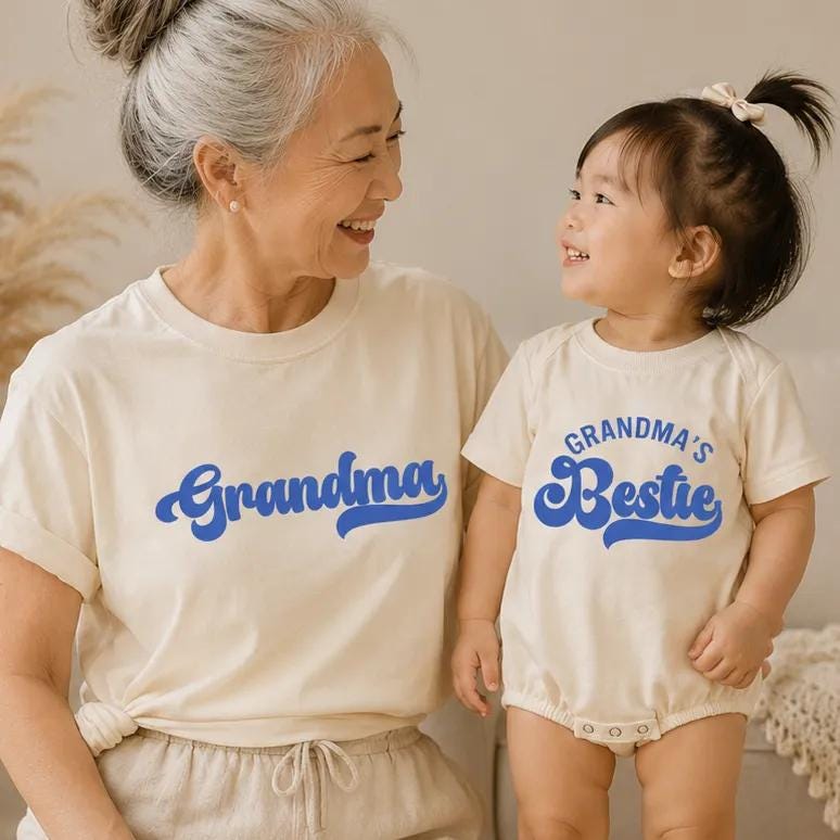Custom Retro Blue Grandma Shirt & Baby Bodysuit Set, Groovy Matching Outfit for Grandma and Baby, Soft Cotton Tee Perfect for Gifting