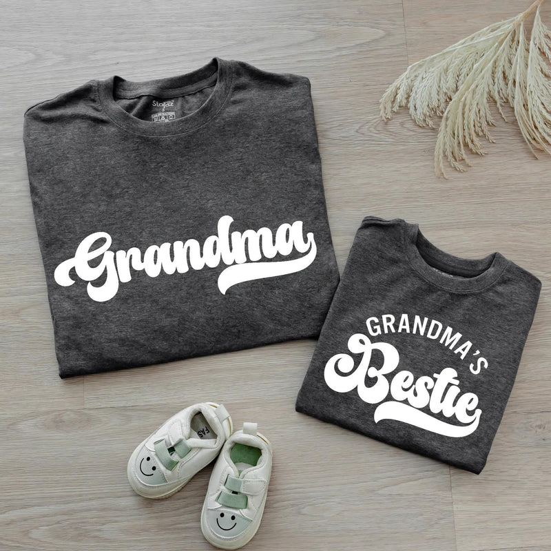 Custom Retro Blue Grandma Shirt & Baby Bodysuit Set, Groovy Matching Outfit for Grandma and Baby, Soft Cotton Tee Perfect for Gifting