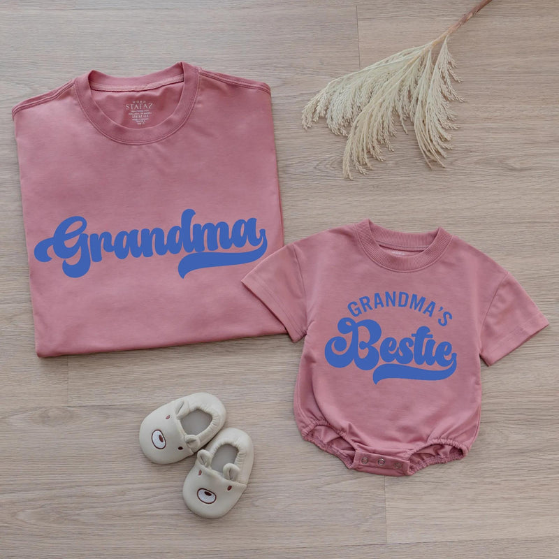 Custom Retro Blue Grandma Shirt & Baby Bodysuit Set, Groovy Matching Outfit for Grandma and Baby, Soft Cotton Tee Perfect for Gifting