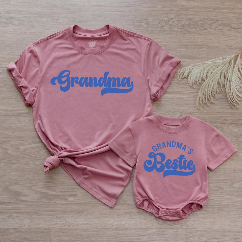 Custom Retro Blue Grandma Shirt & Baby Bodysuit Set, Groovy Matching Outfit for Grandma and Baby, Soft Cotton Tee Perfect for Gifting
