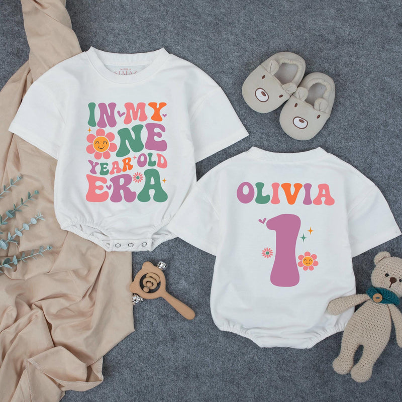 Custom Retro Groovy 'In My One Year Old Era' Baby Romper, 1st Birthday Outfit for Girls, Soft Cotton Bodysuit, Short & Long Sleeve Options
