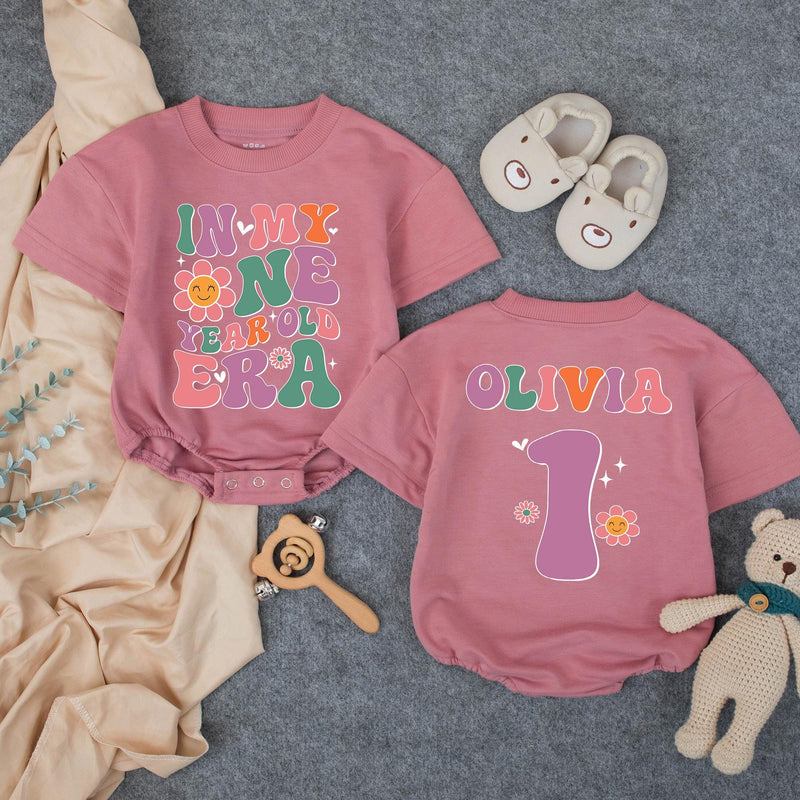 Custom Retro Groovy 'In My One Year Old Era' Baby Romper, 1st Birthday Outfit for Girls, Soft Cotton Bodysuit, Short & Long Sleeve Options