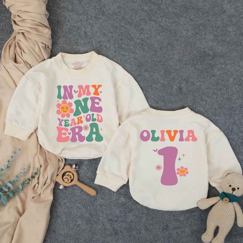 Custom Retro Groovy 'In My One Year Old Era' Baby Romper, 1st Birthday Outfit for Girls, Soft Cotton Bodysuit, Short & Long Sleeve Options