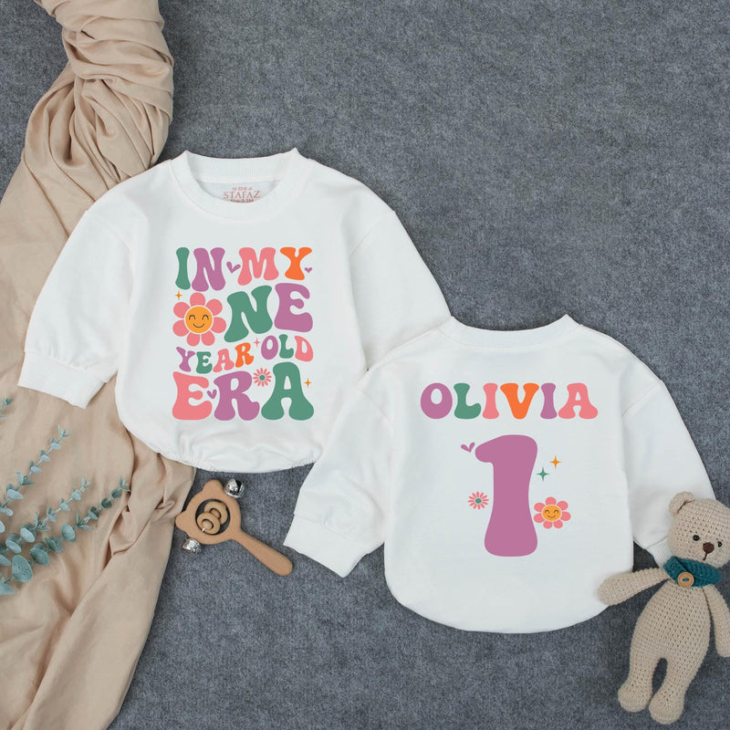 Custom Retro Groovy 'In My One Year Old Era' Baby Romper, 1st Birthday Outfit for Girls, Soft Cotton Bodysuit, Short & Long Sleeve Options