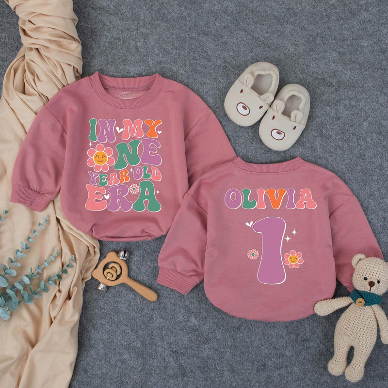 Custom Retro Groovy 'In My One Year Old Era' Baby Romper, 1st Birthday Outfit for Girls, Soft Cotton Bodysuit, Short & Long Sleeve Options