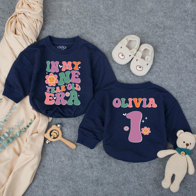 Custom Retro Groovy 'In My One Year Old Era' Baby Romper, 1st Birthday Outfit for Girls, Soft Cotton Bodysuit, Short & Long Sleeve Options