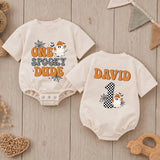 Custom Retro Halloween Baby Romper with Ghost & Checkered Number, One Spooky Dude Outfit for First Birthday, Soft Cotton Infant Bodysuit