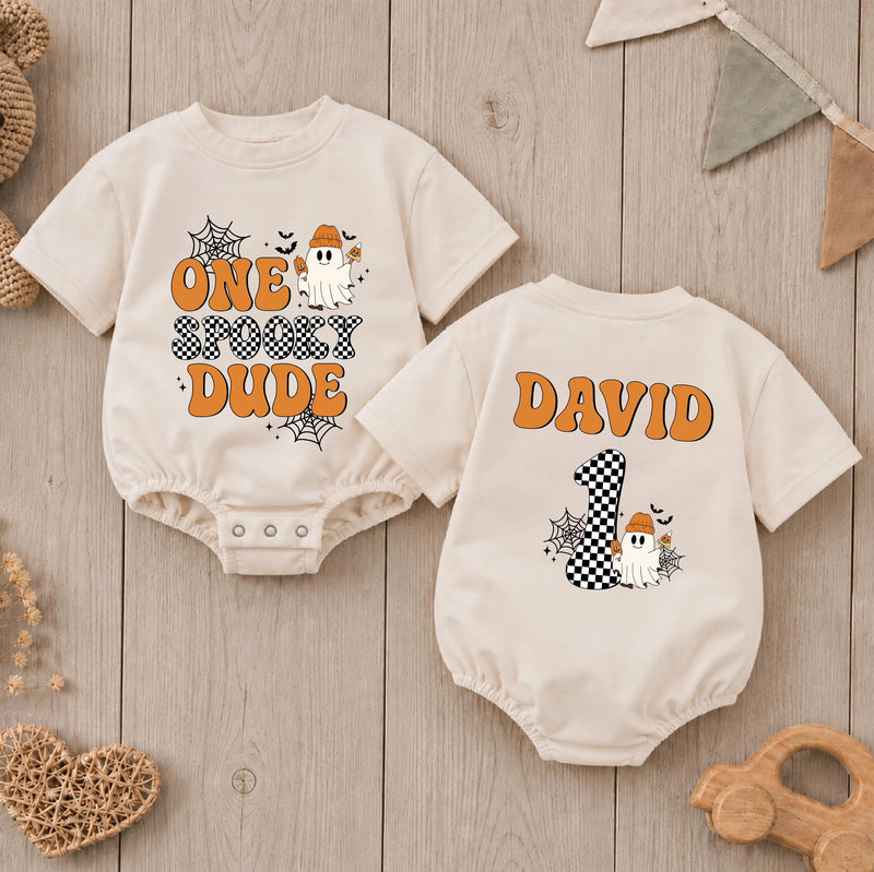 Custom Retro Halloween Baby Romper with Ghost & Checkered Number, One Spooky Dude Outfit for First Birthday, Soft Cotton Infant Bodysuit