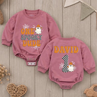 Custom Retro Halloween Baby Romper with Ghost & Checkered Number, One Spooky Dude Outfit for First Birthday, Soft Cotton Infant Bodysuit
