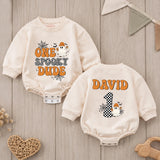 Custom Retro Halloween Baby Romper with Ghost & Checkered Number, One Spooky Dude Outfit for First Birthday, Soft Cotton Infant Bodysuit